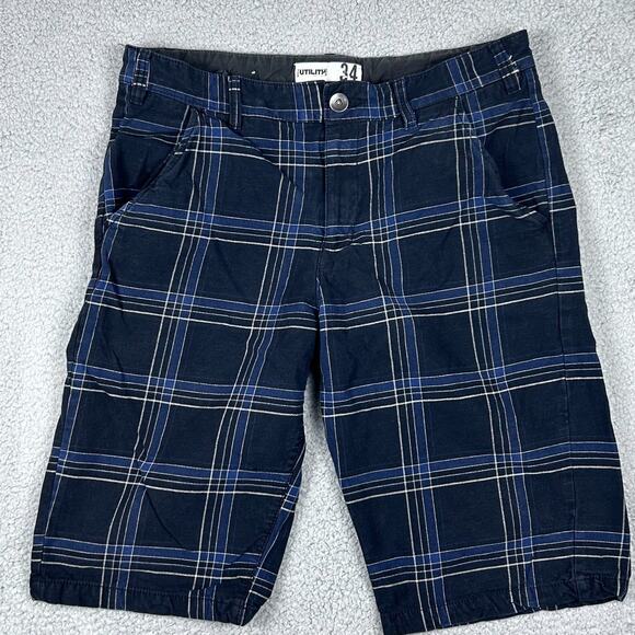 Utility Mens Bermuda Shorts Size 34 Blue Flat Front Plaid Slash Pockets Outdoor - Picture 1 of 12